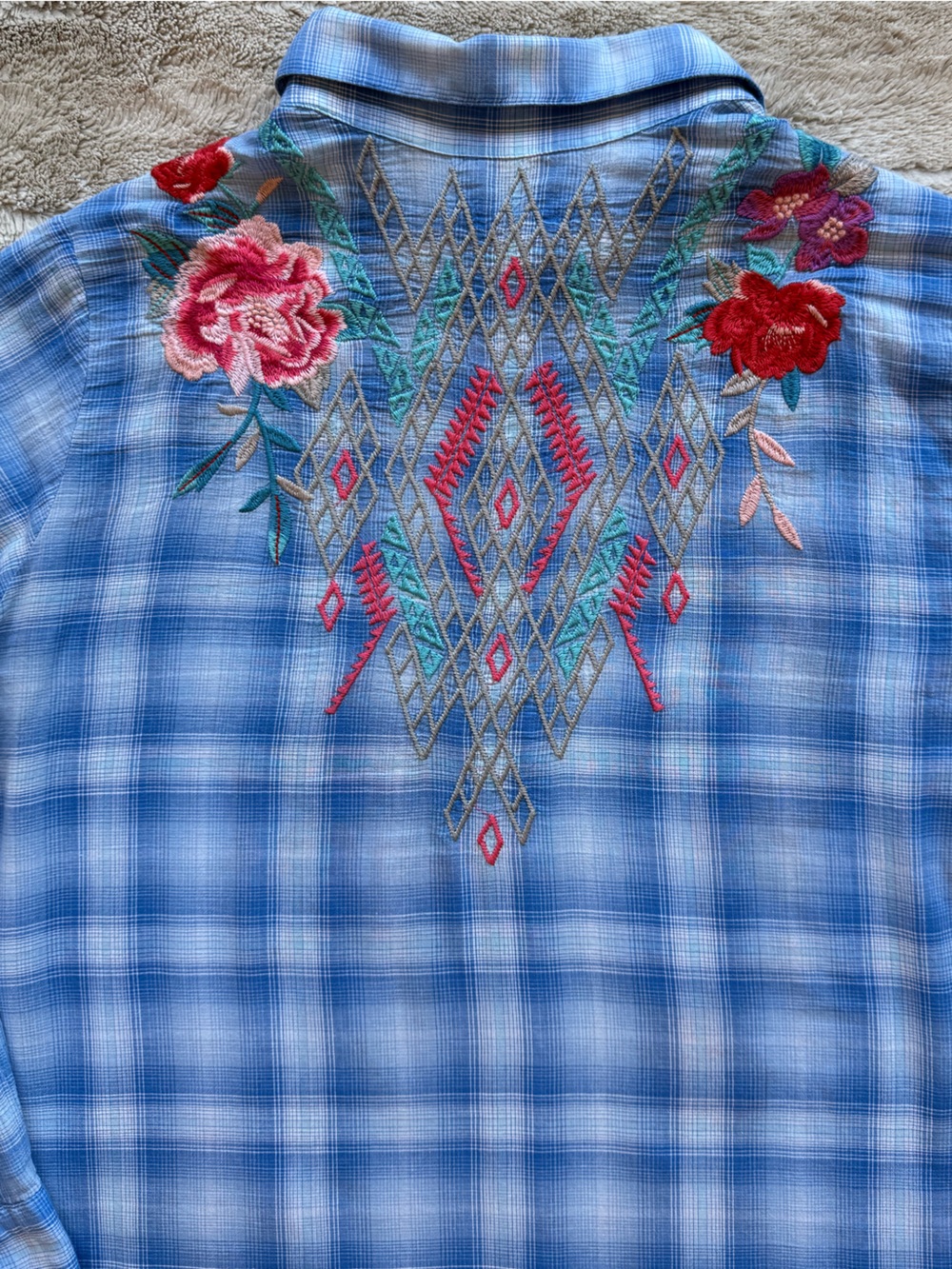 Johnny Was Embroidered Check Relaxed Button Down Shirt Size M - Picture 4 of 10